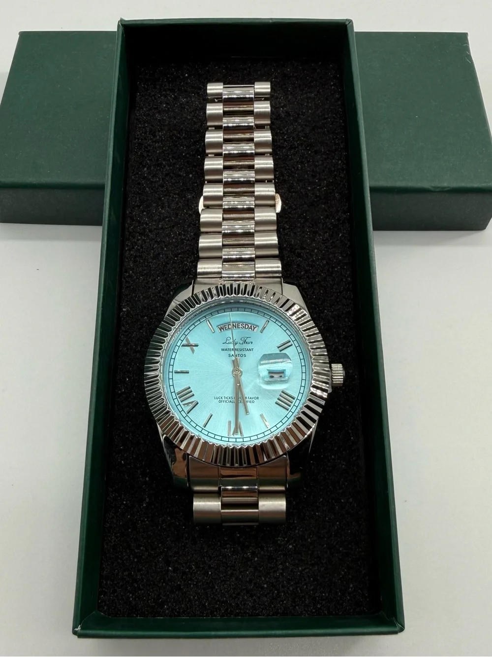 Lucky Fours Santos Aqua Blue 40mm Silver Stainless Steel Day Date Watch